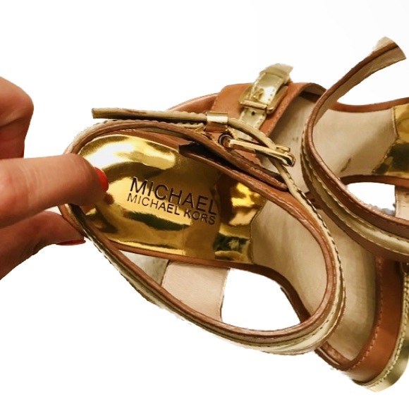 Michael Kors Brown & Gold Leather Peep Toe Ankle Strap Sandals, Women’s Size 5M. - Picture 9 of 13